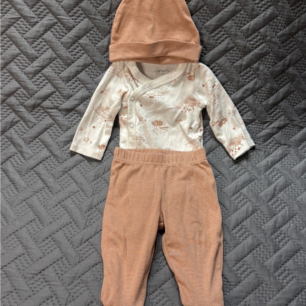 Carter's White Cotton Baby Onesie, Pants & Hat Set